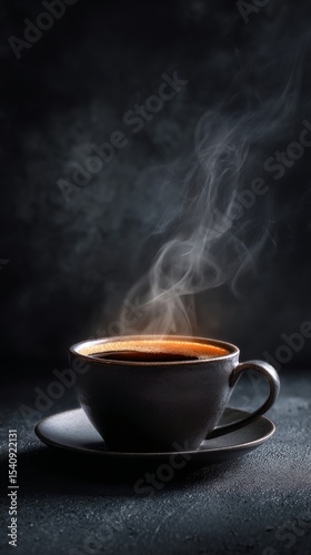 Warm Coffee Cup With Steam Rising in a Dark Setting During Early Morning Hours.