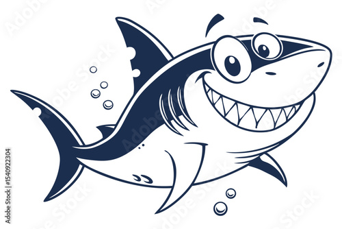 Cartoon navy shark cheerfully shows its sharp teeth as bubbles float around it