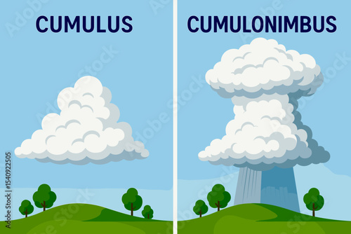 Cumulus vs. Cumulonimbus Cloud Comparison Infographic With Green Grass & Trees Cartoon Vector Illustration 
