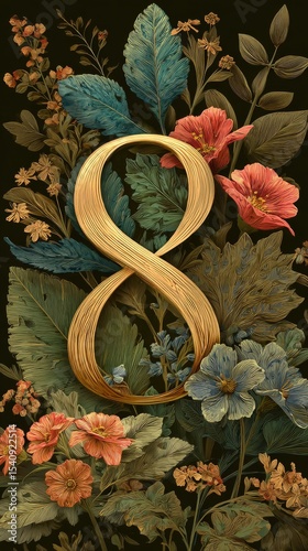 Elegant Floral Design Featuring the Number 8 Surrounded by Vibrant Blooms and...