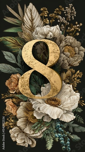 Elegant Floral Design Featuring the a Number 8 Surrounded by Vibrant Blooms a...
