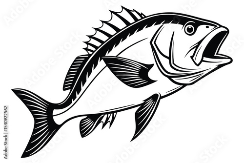 Black and white illustration shows the fish with its mouth open swimming