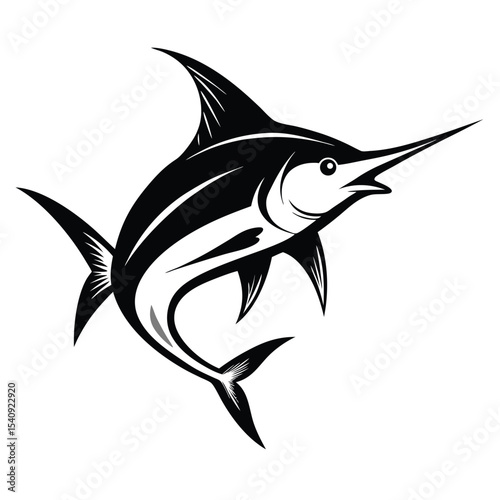 Bold black and white marlin silhouette showcases iconic billfish in dynamic motion