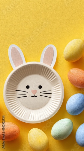 Colorful Easter Decorations With Bunny Plate and Pastel Eggs on Bright Yellow...