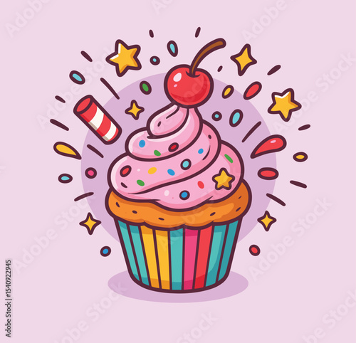Cupcake with Cherry Cartoon Vector Icon Illustration Sweet Dessert Isolated Flat Design
