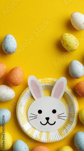 Creative Easter Bunny Plate With Colorful Eggs on Bright Yellow Background.