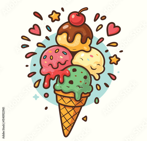 Ice Cream Cone with Sprinkles Cartoon Vector Icon Illustration Delicious Isolated Flat Design
