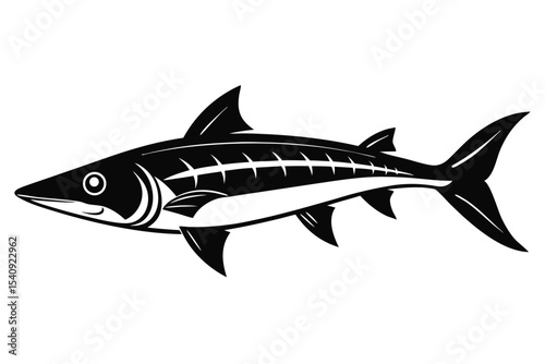 Stylized barracuda swims, its details and fins captured in black and white outline