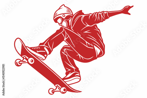 Red monochrome silhouette shows a skater performing a jump trick on a skateboard in mid air