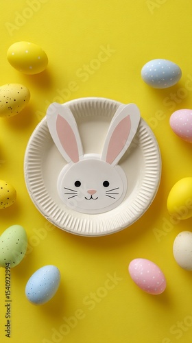 Colorful Easter Decorations With Bunny Plate and Pastel Eggs on Bright Yellow...