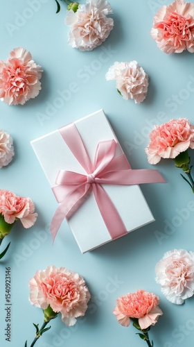 Beautiful Gift Box Surrounded by Pink Carnations on a Pastel Background