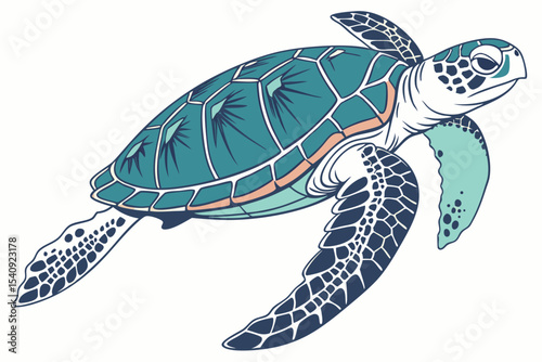 A detailed drawing shows a sea turtle swimming peacefully with teal and white features