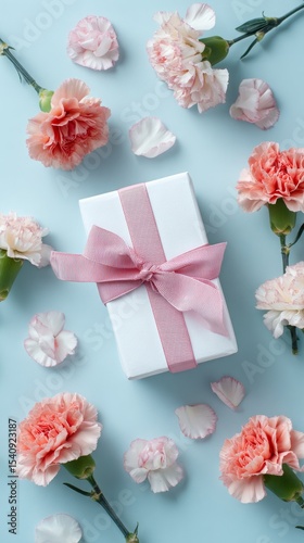 Beautiful Gift Box Surrounded by Pink Carnations on a Pastel Background.
