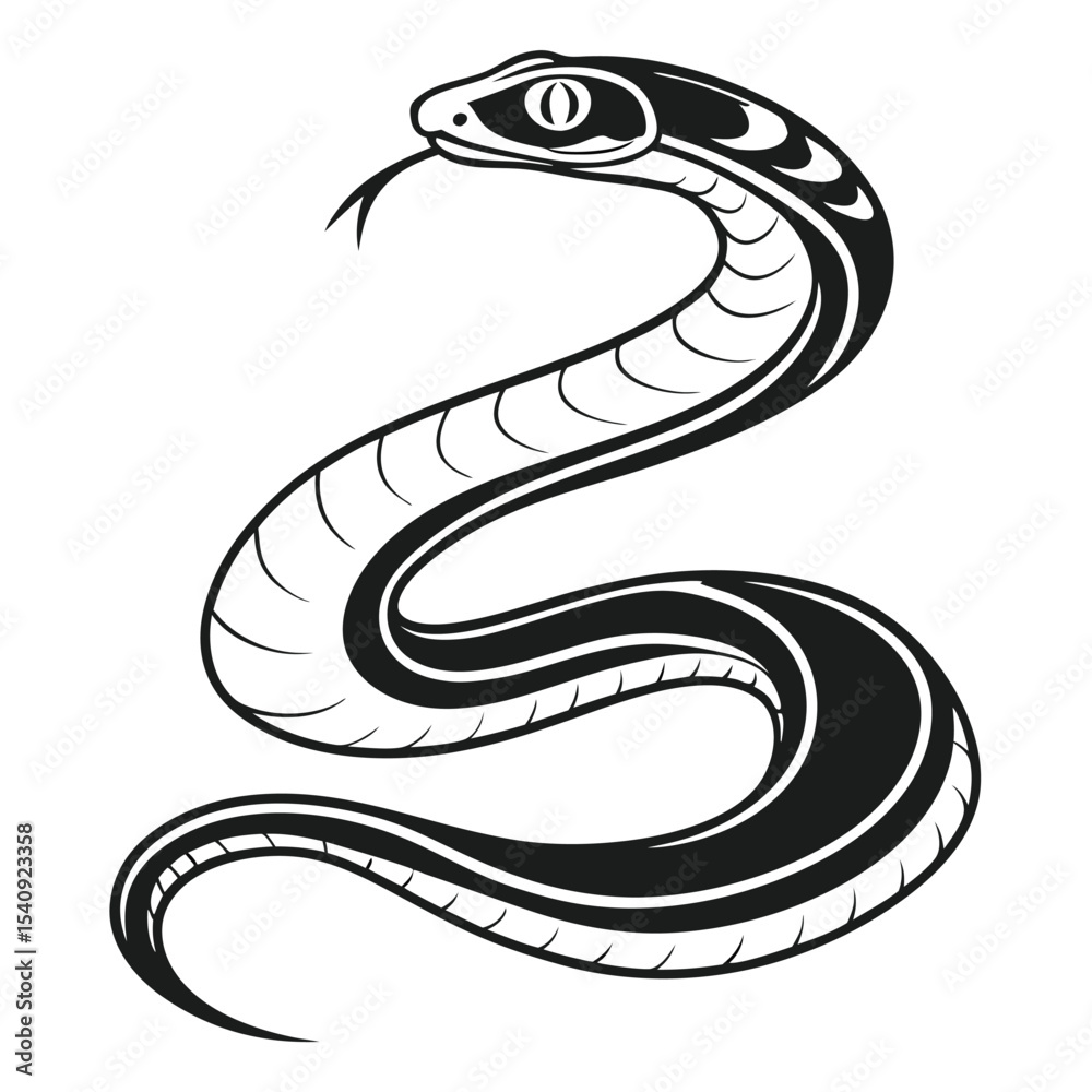 Fototapeta premium Coiled snake shows its forked tongue in this black and white graphic