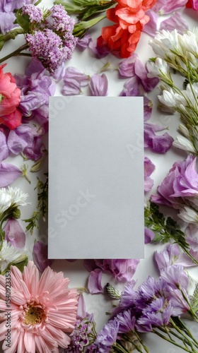 Floral Arrangement Featuring Blank Card Surrounded by Colorful Flowers on a W...