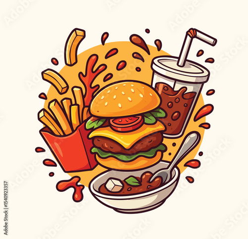 Burger and drink floating cartoon vector icon illustration fast food object isolated flat vector
