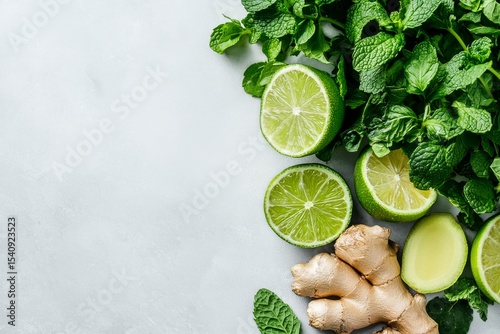 Fresh Mint Leaves, Ginger Root, and Lime Halves Arranged on a Light Gray Back...