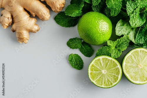 Fresh Mint Leaves, Ginger Root, and Lime Halves Arranged on a Light Gray Back...