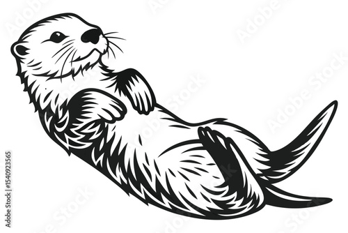 Black and white illustration depicts a playful otter lying on its back in joyful repose