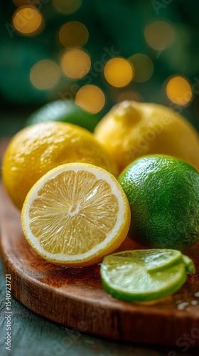 Fresh Lemons and Limes Displayed on a Wooden Board With Bokeh Background Duri...