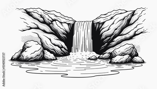 Waterfall illustration surrounded by rocks on a white background