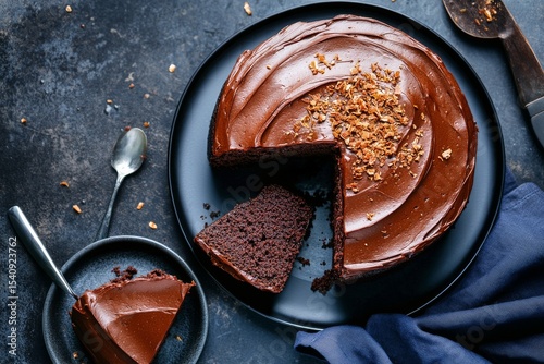Chocolate Cake With Nuts Sliced on a Black Plate Accompanied by a Small Serving.