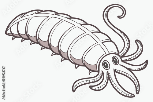 Cartoonish creature has segmented body, multiple tentacles, big eyes, and is outlined in brown
