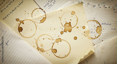 Coffee-stained paper with notebook pages and handwritten notes  
