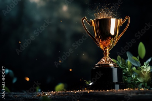 Shiny Golden Trophy Resting on a Black Pedestal Against a Dark Background.