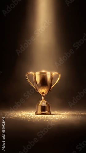 Shining Golden Trophy Illuminated by Soft Light Against a Dark Background Sho...
