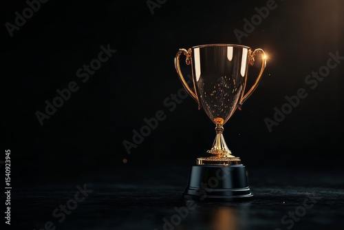 Golden Trophy Shining Brightly Against Dark Background With Sparkles and Boke...