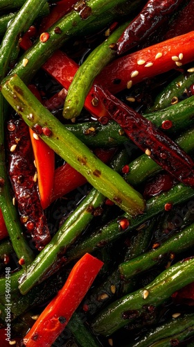 Colorful Stir-Fried Vegetables With Vibrant Green Beans and Red Chili Peppers...