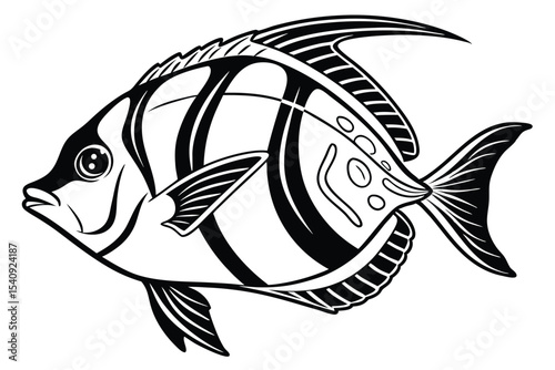 Detailed monochrome line drawing depicts a Moorish Idol fish facing leftward on a white background