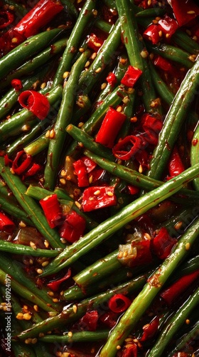 Colorful Stir-Fried Vegetables With Vibrant Green Beans and Red Chili Peppers...
