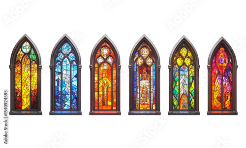 Stunning collection of stained glass windows showcasing religious themes isolated on transparent background. photo