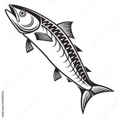 Black outlined barracuda jumps upward in a powerful, dynamic pose showing all of its fins