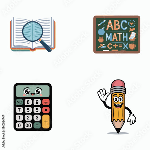 Cute School Supplies Icons Book Calculator Pencil Blackboard
