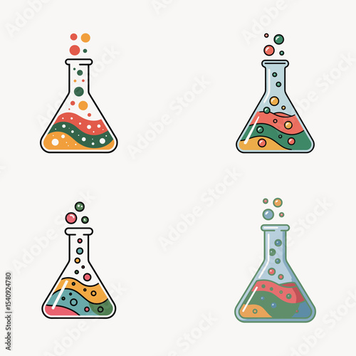 Four Colorful Erlenmeyer Flasks with Bubbling Liquids