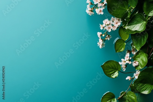 Flowering Branches Float on Calm Blue Water, Creating a Serene Natural Setting.