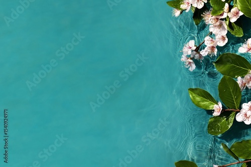 Flowering Branches Float on Calm Blue Water, Creating a Serene Natural Setting