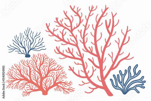 Several vibrant pink and blue coral formations stand out against a clean, bright white backdrop