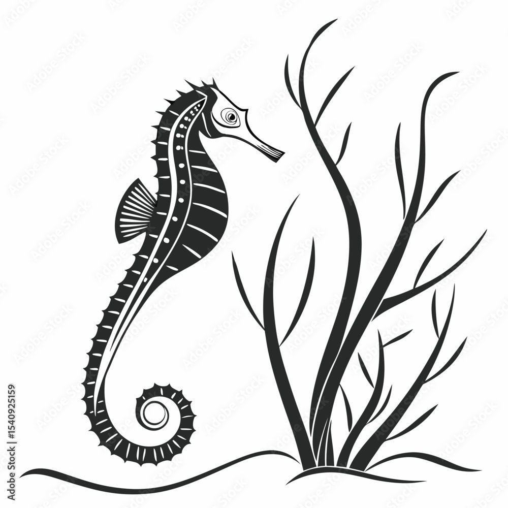 Fototapeta premium Stylized seahorse illustration features intricate black detailing beside simple seaweed vegetation, conveying serene ocean life