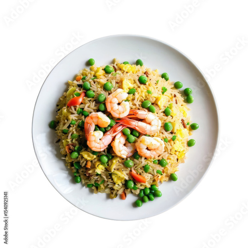 a serving of prepared food sits on a round, white plate. the main component of the dish is rice, mixed with bright green peas and small bits of a yellow food