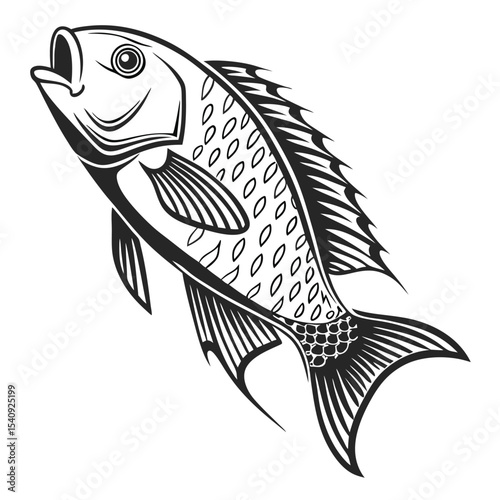 Detailed monochrome sketch depicts a freshwater fish swimming with its mouth slightly open and tail moving