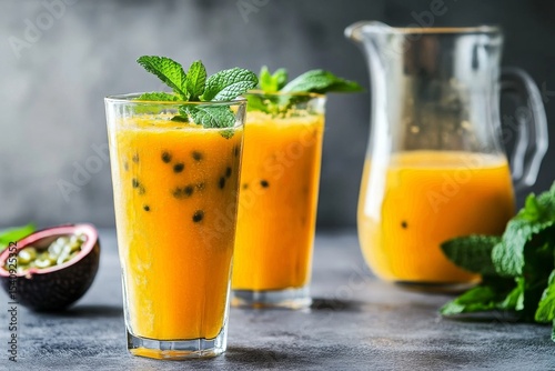 Refreshing Passion Fruit and Mango Drink Served With Mint in a Stylish Setting.