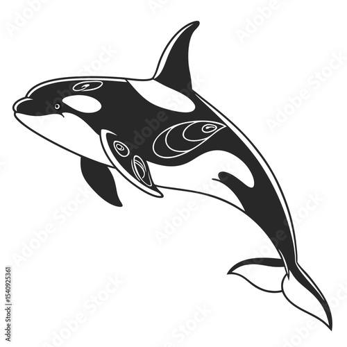Detailed orca figure gracefully leaps upward, showcasing intricate line work and striking blackandwhite contrast
