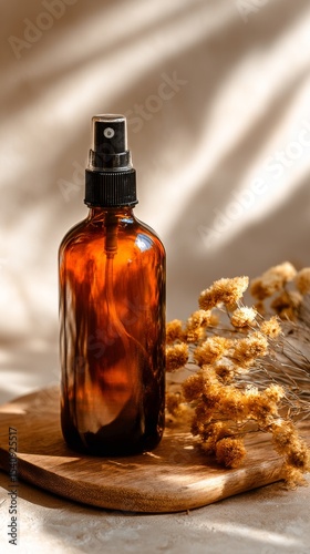 Brown Glass Spray Bottle With Dried Flowers on Wooden Surface in Soft Natural...