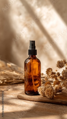 Natural Skincare Product Displayed on Wooden Board With Dried Flowers at Soft...