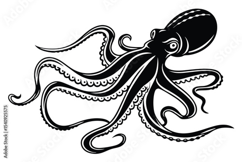 Black octopus shows its tentacles with a unique style over a white background