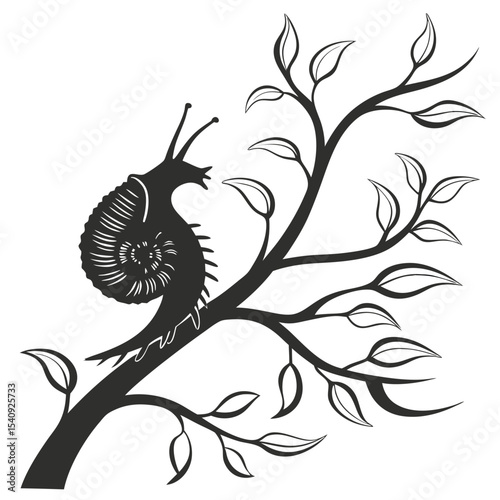 Snail slowly crawls among the leaves of a monochrome branch in silhouette